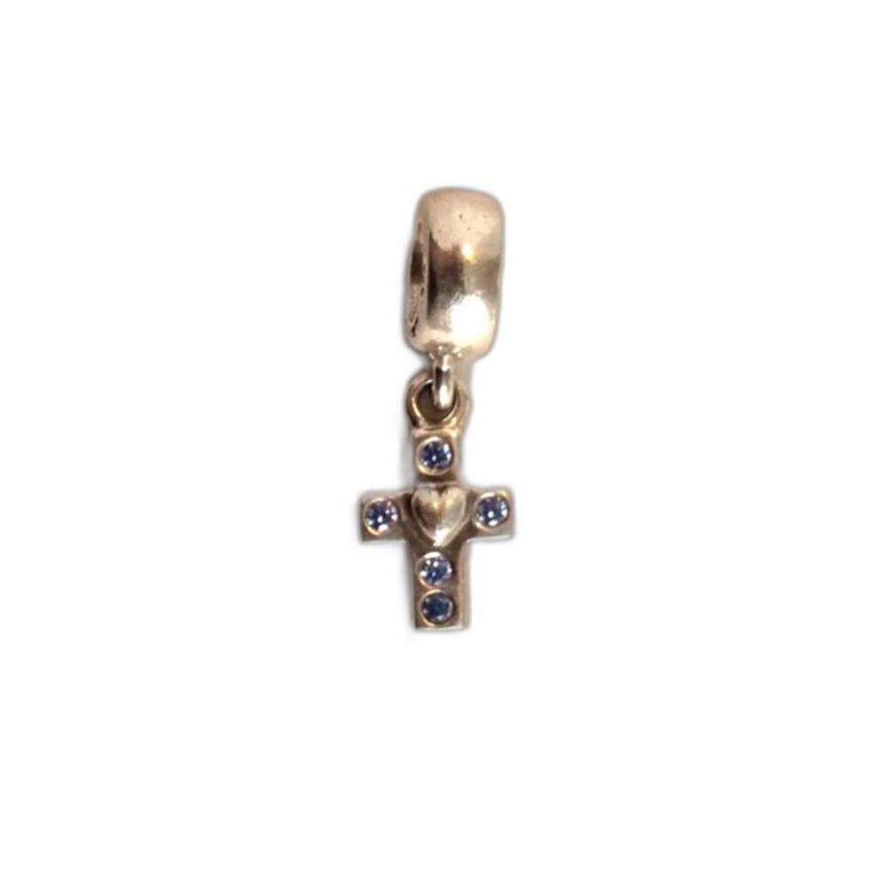 PANDORA Cross & Heart Dangle Charm Sterling Silver Blue Faith Pendant